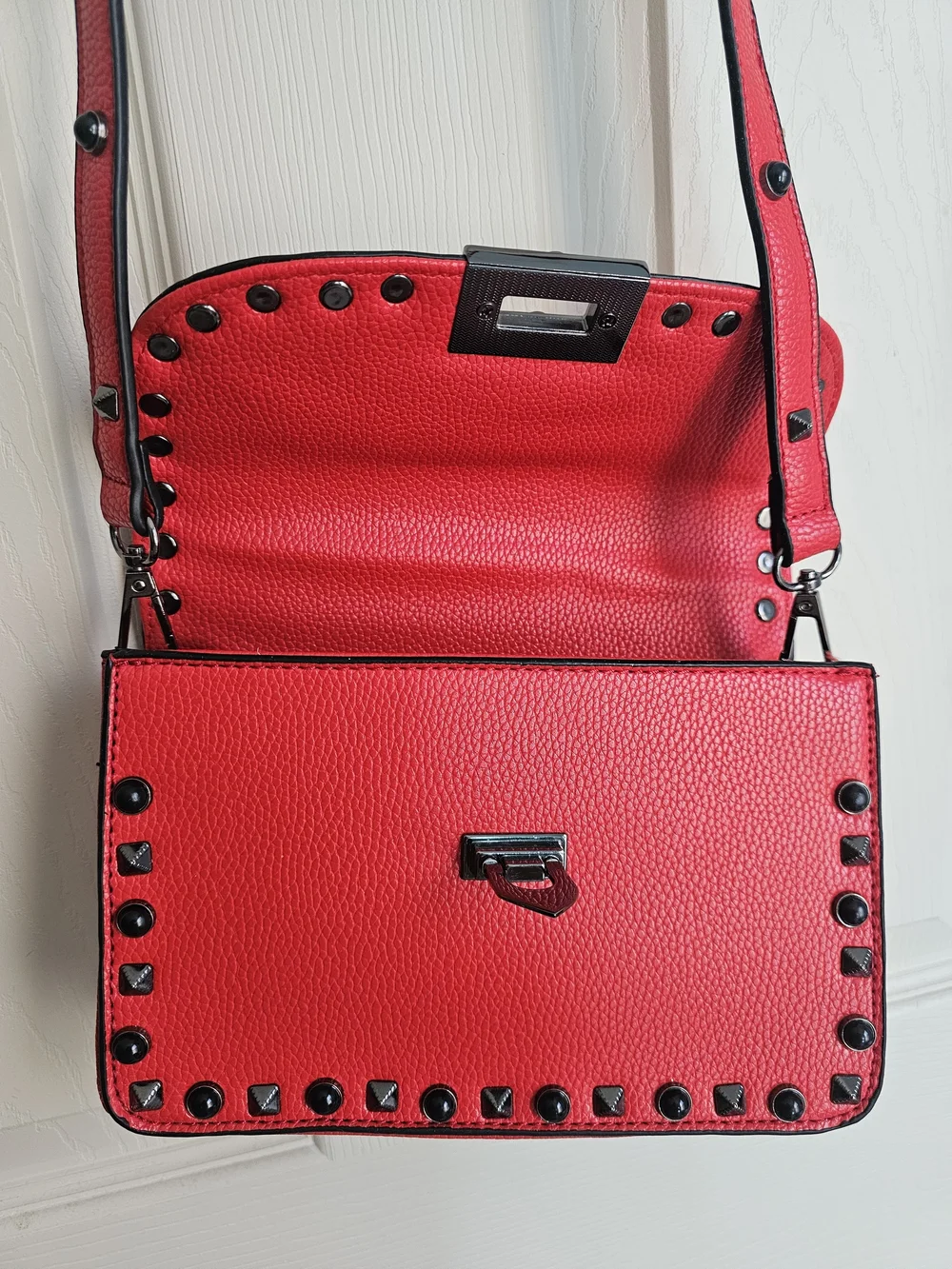Red Vegan Leather Edgy Studded Crossbody Purse w/ Two Interchangeable Straps